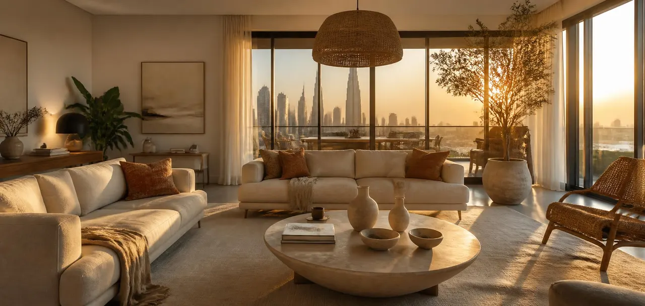 Sunlit Dubai apartment living room furnished with artisanal decor
