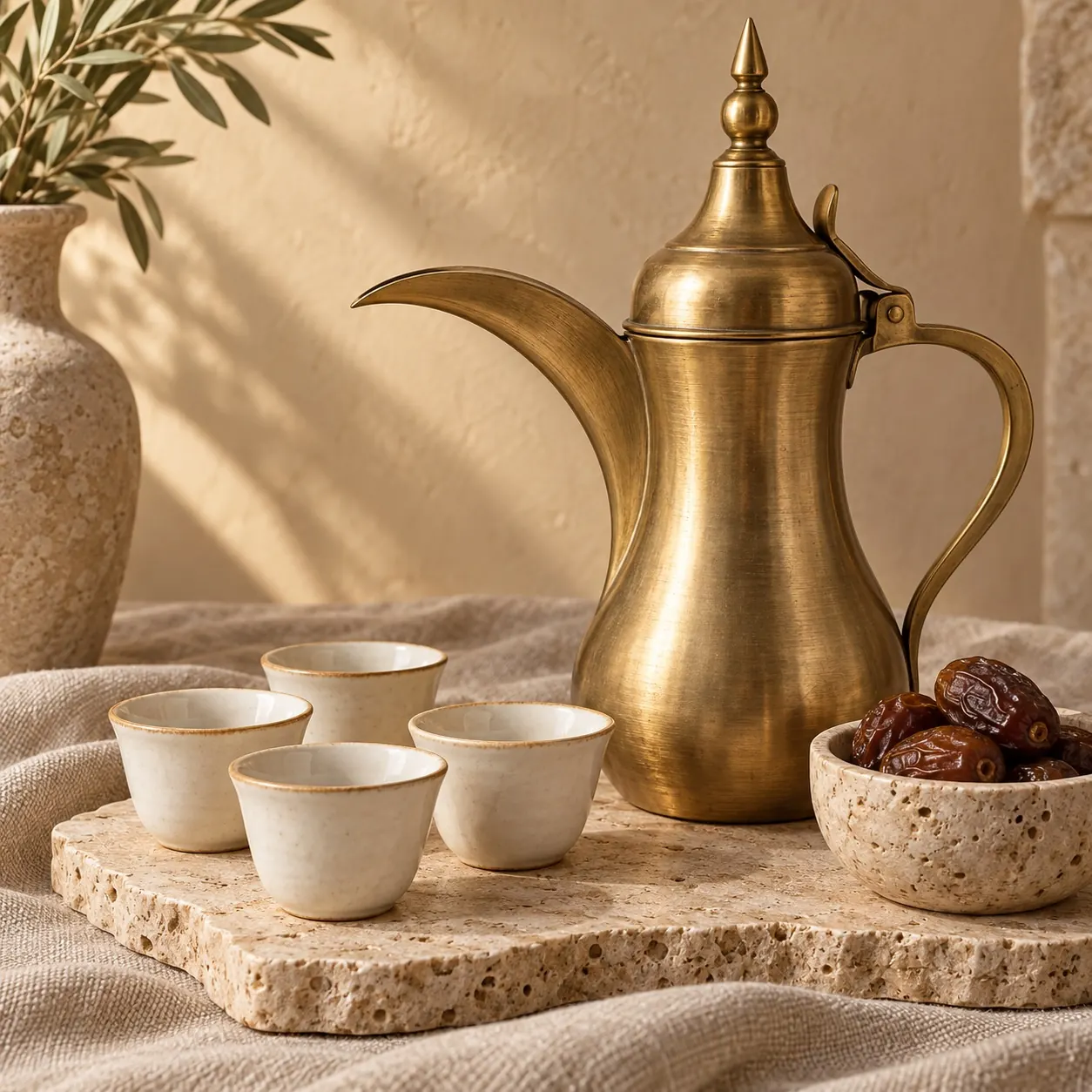 Brass dallah with handmade ceramic finjan cups