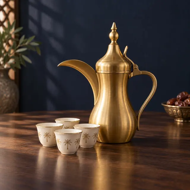 Brass dallah & ceramic finjan coffee set