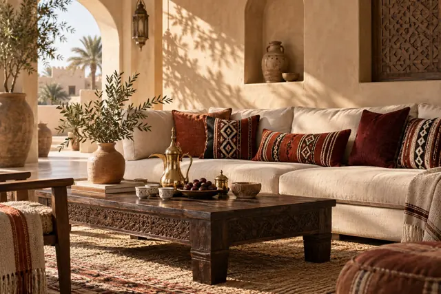 Warm Emirati majlis with woven cushions and brass Arabic coffee set