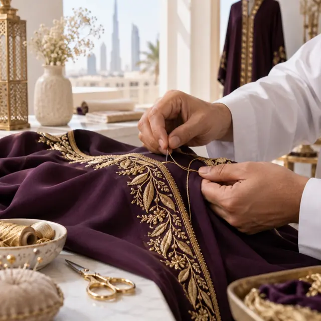Tailor embroidering a plum garment in a sunlit studio