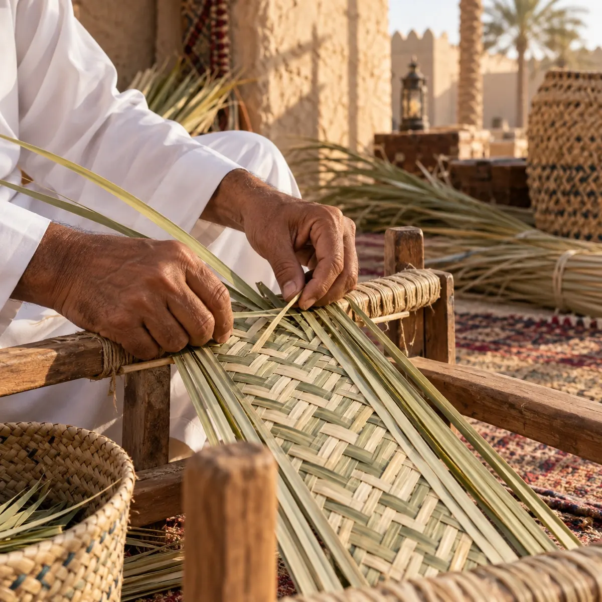 Artisan weaving palm leaves by hand