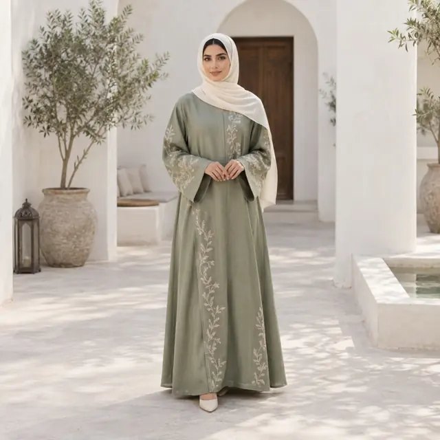 Embroidered linen abaya · sage green