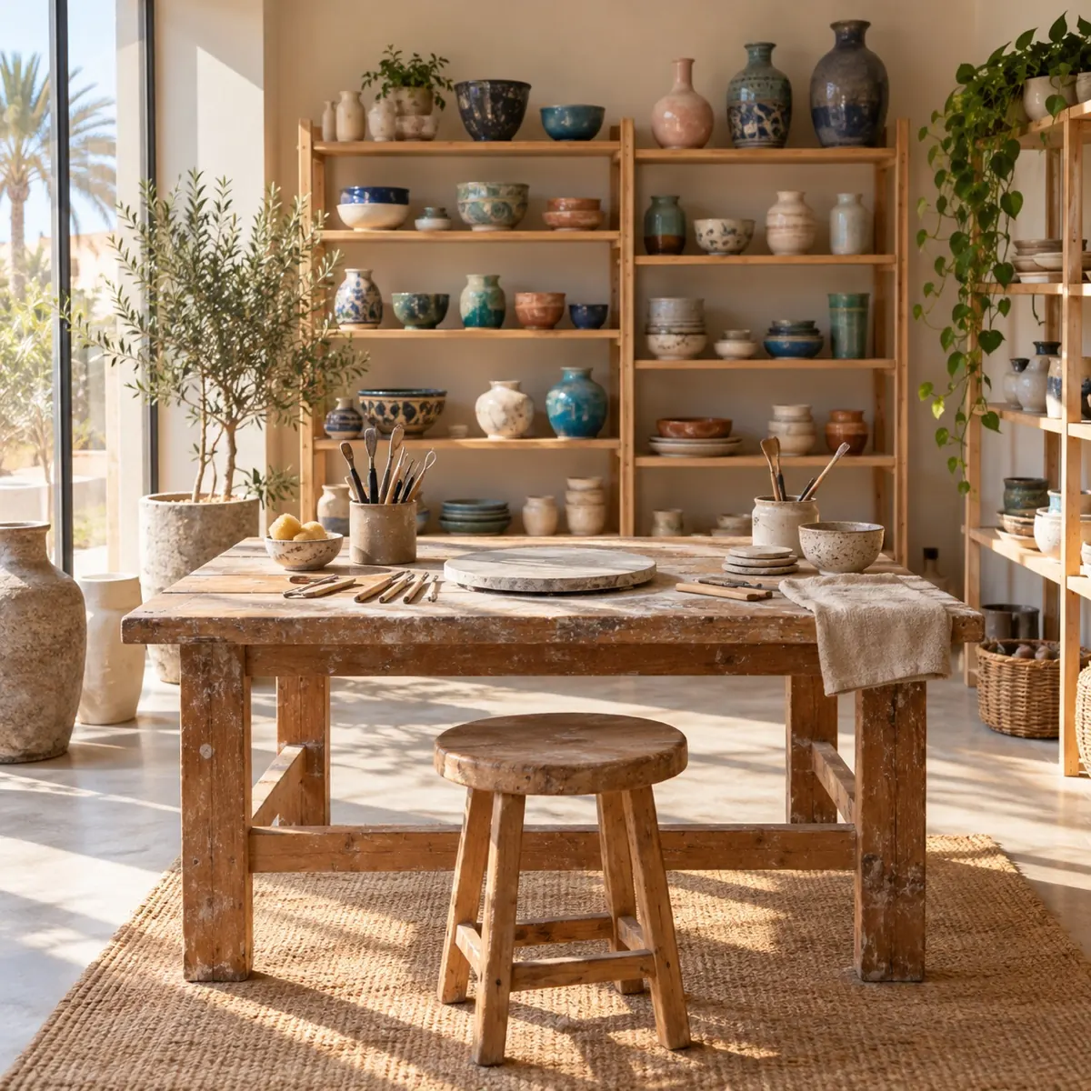 A sunlit studio with handmade ceramics