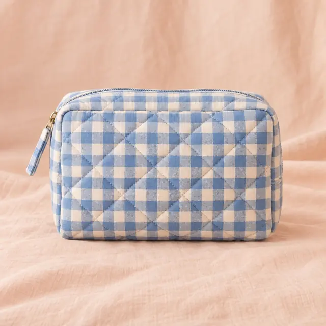 Blue gingham quilted travel pouch