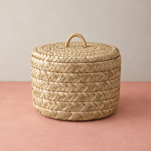 Lidded palm-leaf storage basket
